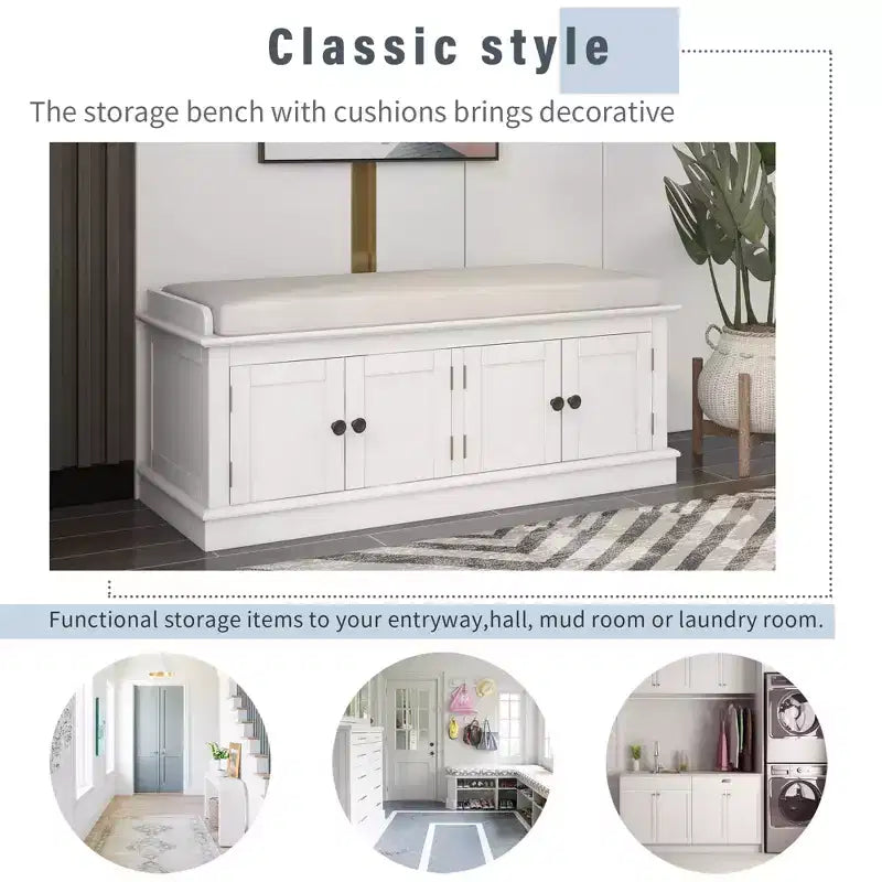 Banc de rangement Whisen de style classique avec 4 portes et des étagères réglables