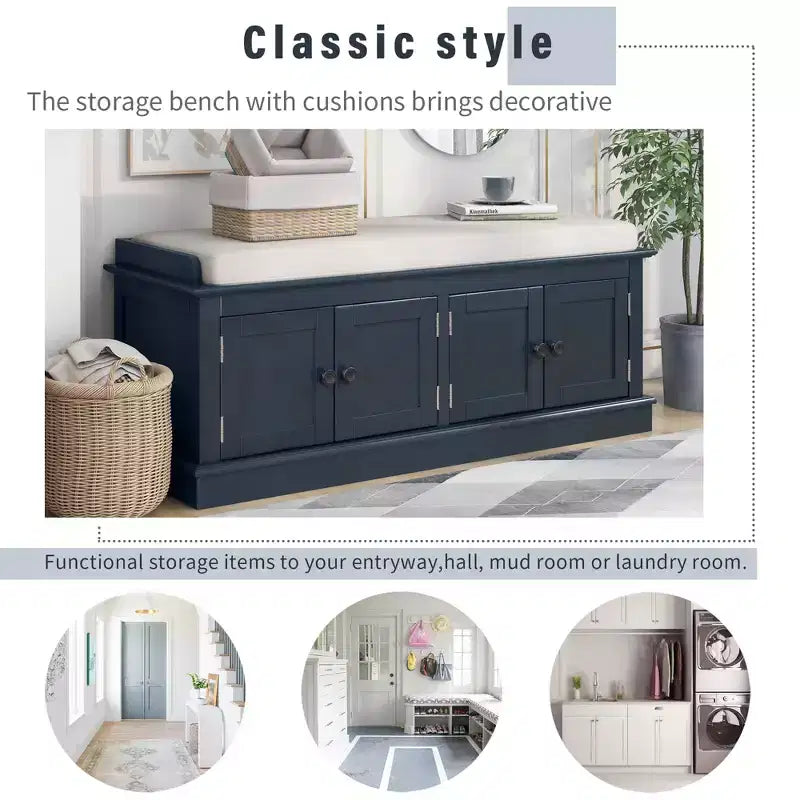 Banc de rangement Whisen de style classique avec 4 portes et des étagères réglables