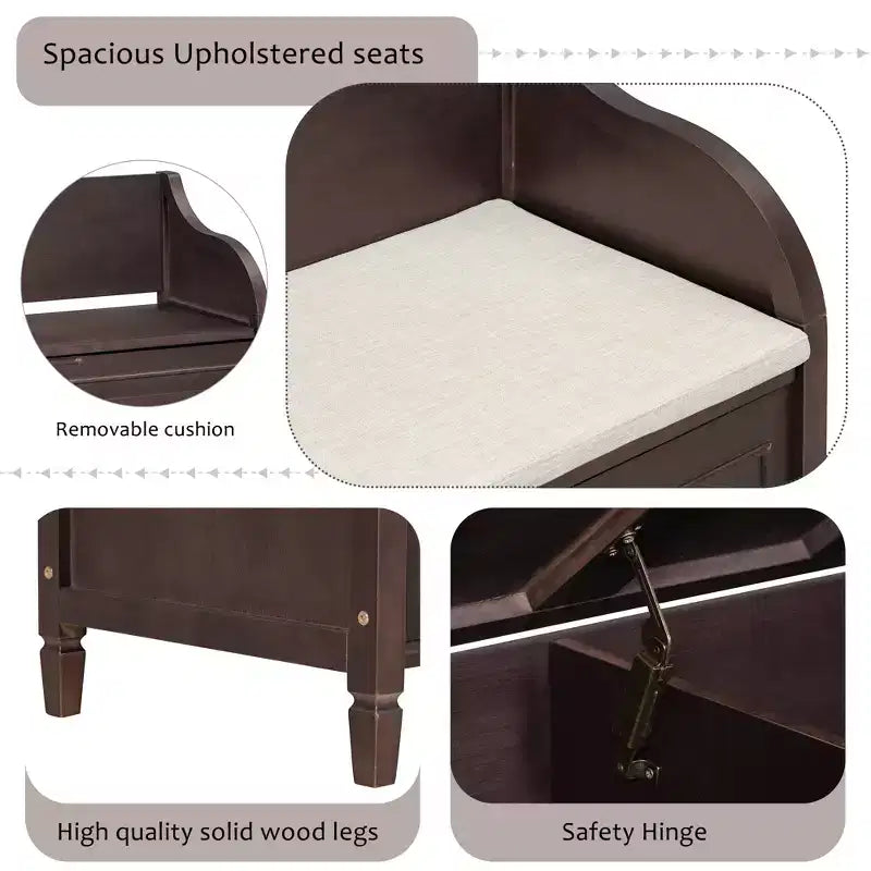 Banc de rangement multifonctionnel de style rustique Whisen pour entrée avec espace de rangement caché et charnière de sécurité