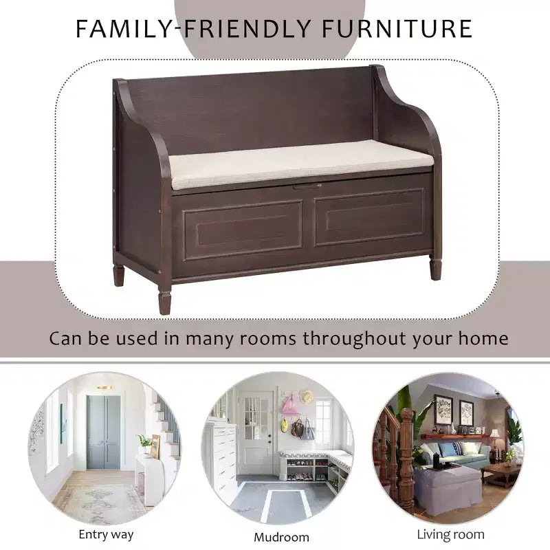 Banc de rangement multifonctionnel de style rustique Whisen pour entrée avec espace de rangement caché et charnière de sécurité