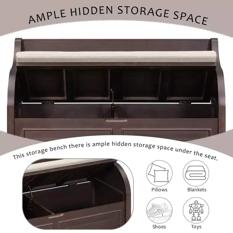 Banc de rangement multifonctionnel de style rustique Whisen pour entrée avec espace de rangement caché et charnière de sécurité