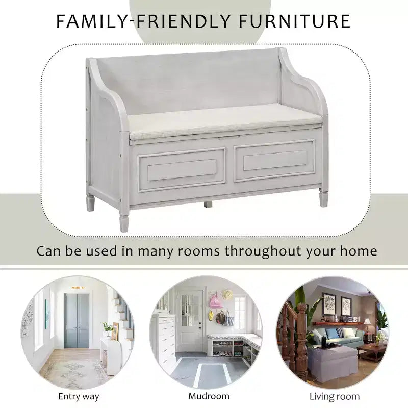 Banc de rangement multifonctionnel de style rustique Whisen pour entrée avec espace de rangement caché et charnière de sécurité