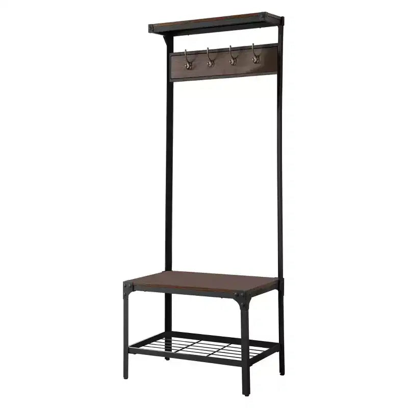 Porte-manteau 3-en-1 Kings Brand Furniture avec patère, banc à chaussures et étagère de rangement Organisateur d'entrée avec 9 crochets, Noir/Noyer, Montage facile