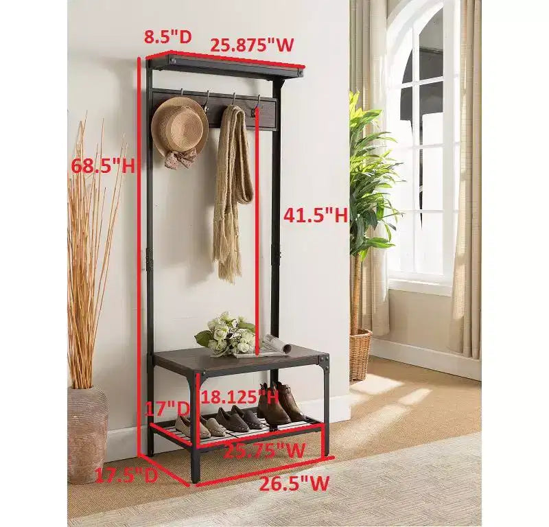 Porte-manteau 3-en-1 Kings Brand Furniture avec patère, banc à chaussures et étagère de rangement Organisateur d'entrée avec 9 crochets, Noir/Noyer, Montage facile