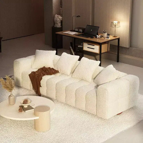 Canapé moderne 4 places Famapy 100.8W en velours blanc Teddy avec piètement en bois massif