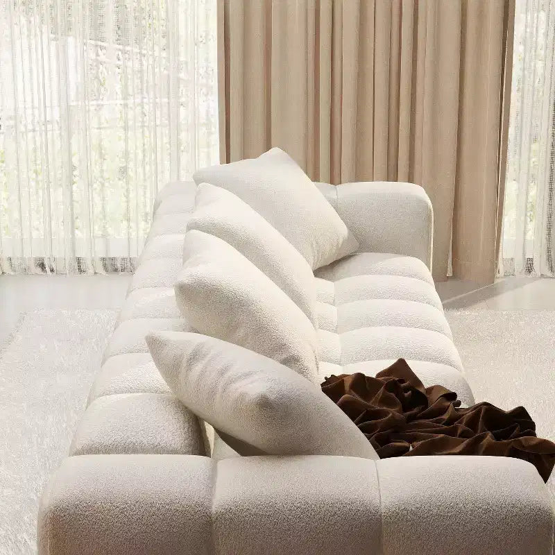 Canapé moderne 4 places Famapy 100.8W en velours blanc Teddy avec piètement en bois massif
