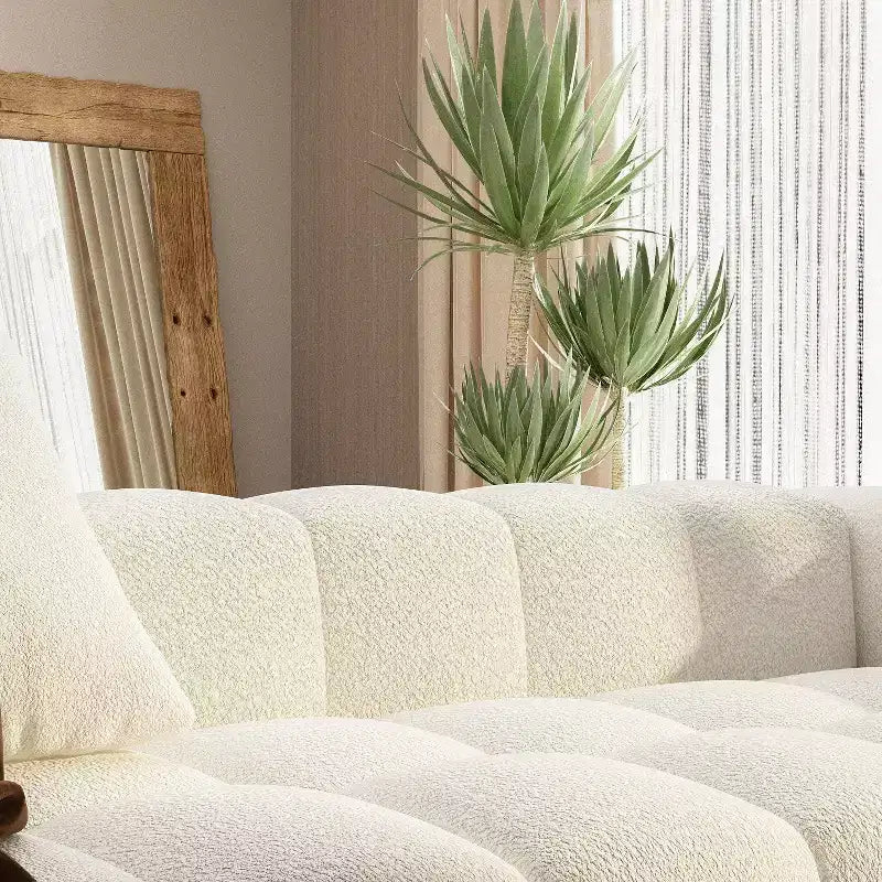 Canapé moderne 4 places Famapy 100.8W en velours blanc Teddy avec piètement en bois massif