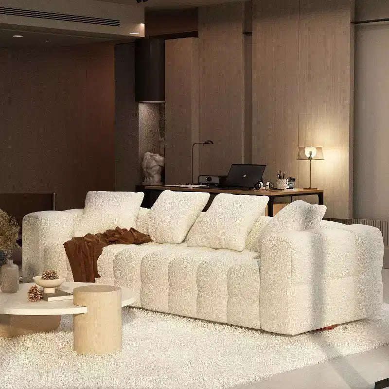 Canapé moderne 4 places Famapy 100.8W en velours blanc Teddy avec piètement en bois massif