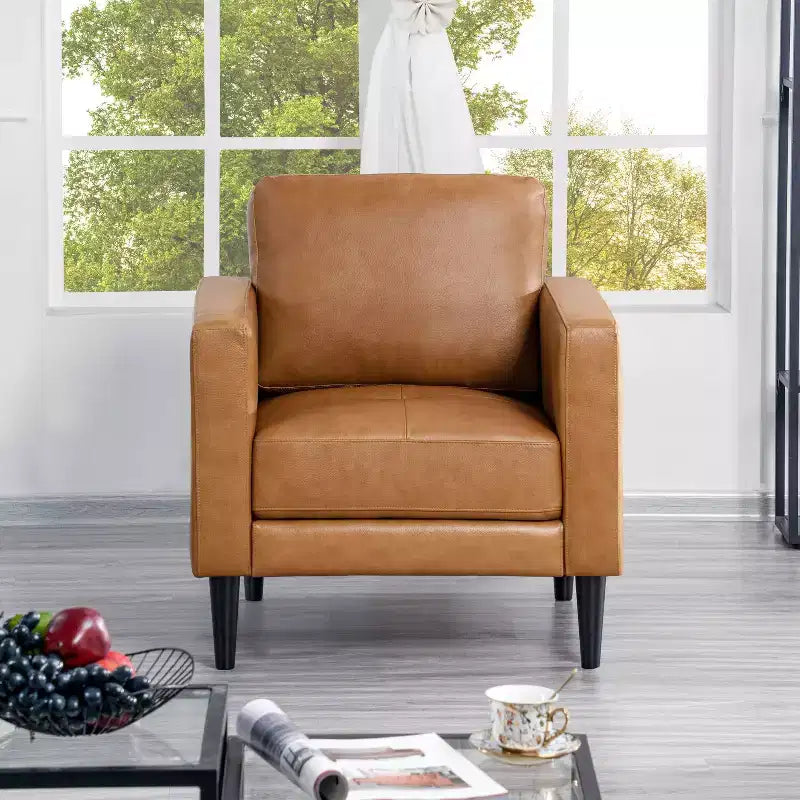 Genuine Leather Upholstered Single Sofa Chair for Living Room Mid Century Chair Modern Accent Arm Couches
