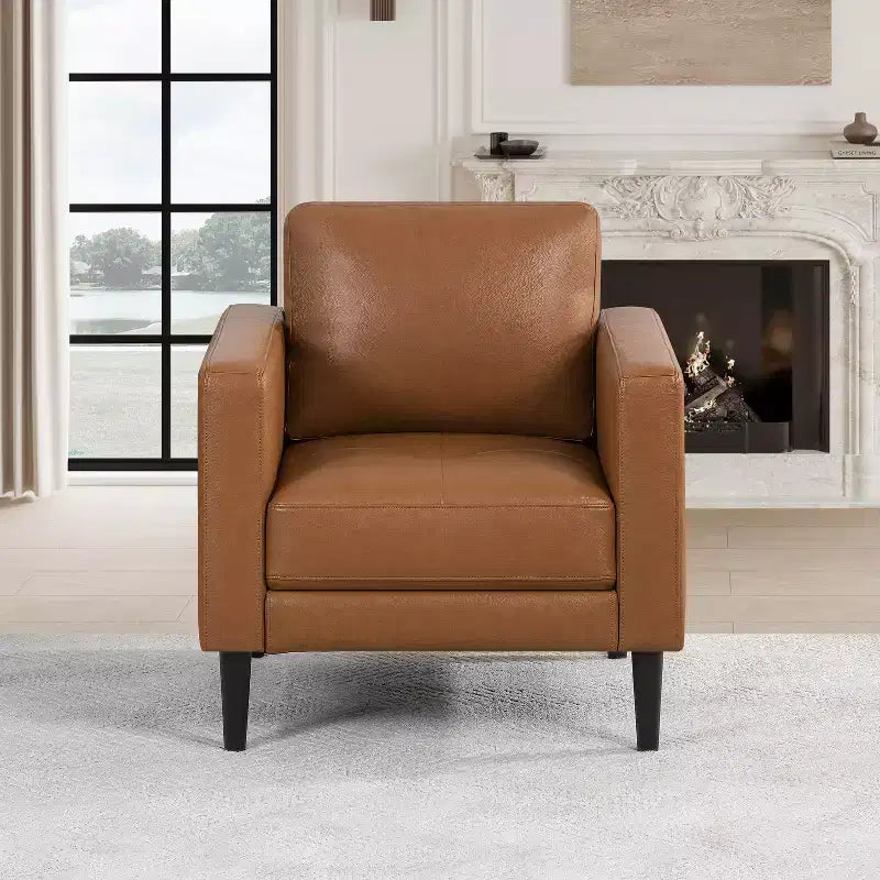 Fauteuil simple en cuir véritable pour salon, fauteuil de style milieu de siècle, canapé d'appoint moderne.