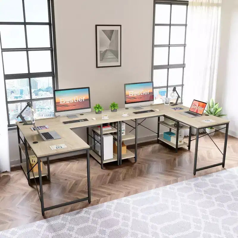 Bestier Bureau d'Angle en L de 55" avec Étagère de Rangement, 3 Trous Passe-Câbles