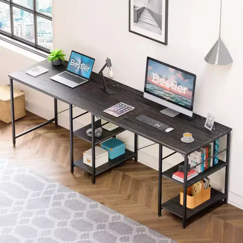Bestier Bureau d'Angle en L de 55" avec Étagère de Rangement, 3 Trous Passe-Câbles