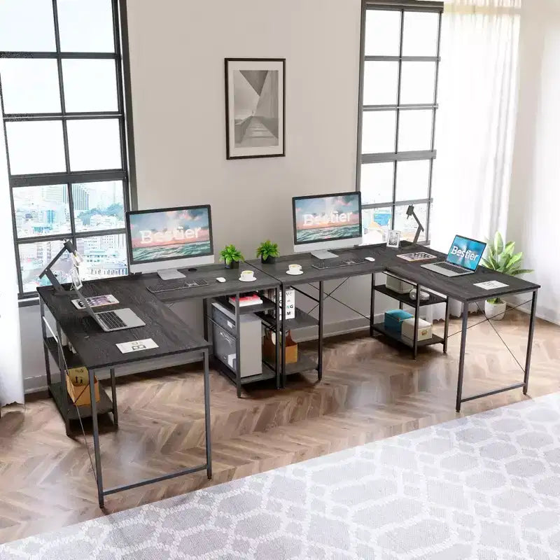 Bestier Bureau d'Angle en L de 55" avec Étagère de Rangement, 3 Trous Passe-Câbles