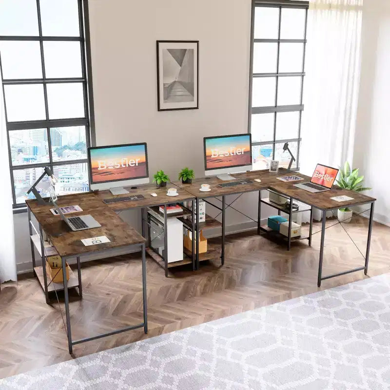 Bestier Bureau d'Angle en L de 55" avec Étagère de Rangement, 3 Trous Passe-Câbles