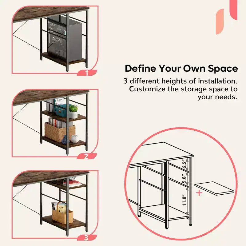 Bestier Bureau d'Angle en L de 55" avec Étagère de Rangement, 3 Trous Passe-Câbles