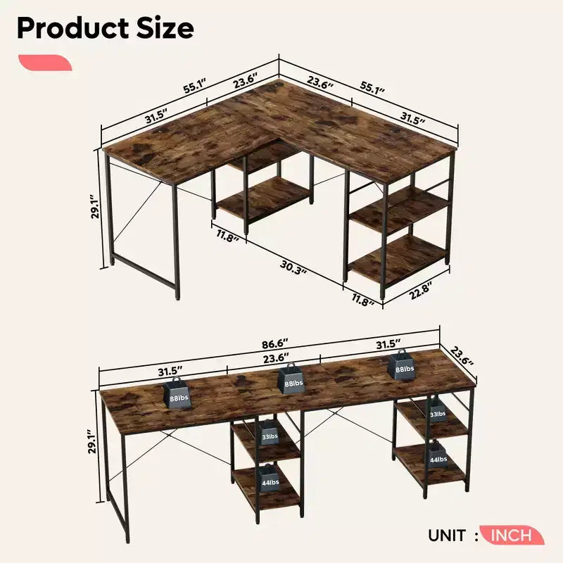 Bestier Bureau d'Angle en L de 55" avec Étagère de Rangement, 3 Trous Passe-Câbles