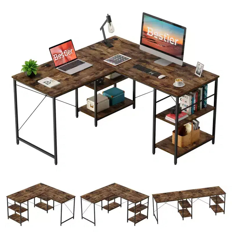 Bestier Bureau d'Angle en L de 55" avec Étagère de Rangement, 3 Trous Passe-Câbles