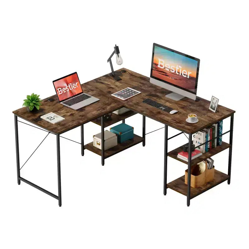 Bestier Bureau d'Angle en L de 55" avec Étagère de Rangement, 3 Trous Passe-Câbles