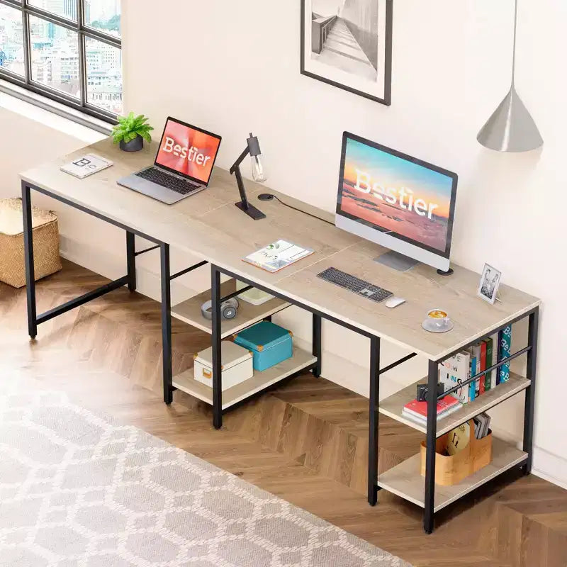 Bestier Bureau d'Angle en L de 55" avec Étagère de Rangement, 3 Trous Passe-Câbles