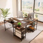 Bestier 55'L-Shaped Corner Computer Desk With Storage Shelf, 3 Cable Holes