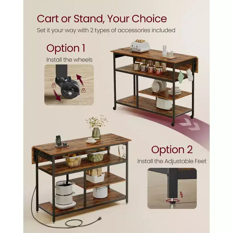 VASAGLE Îlot de cuisine avec abattant, Établi de cuisine avec plan de travail extensible, Chariot de cuisine, Étagère réglable