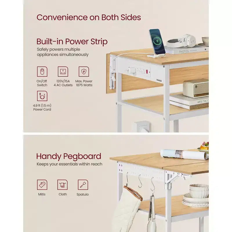 VASAGLE Îlot de cuisine avec abattant, Établi de cuisine avec plan de travail extensible, Chariot de cuisine, Étagère réglable