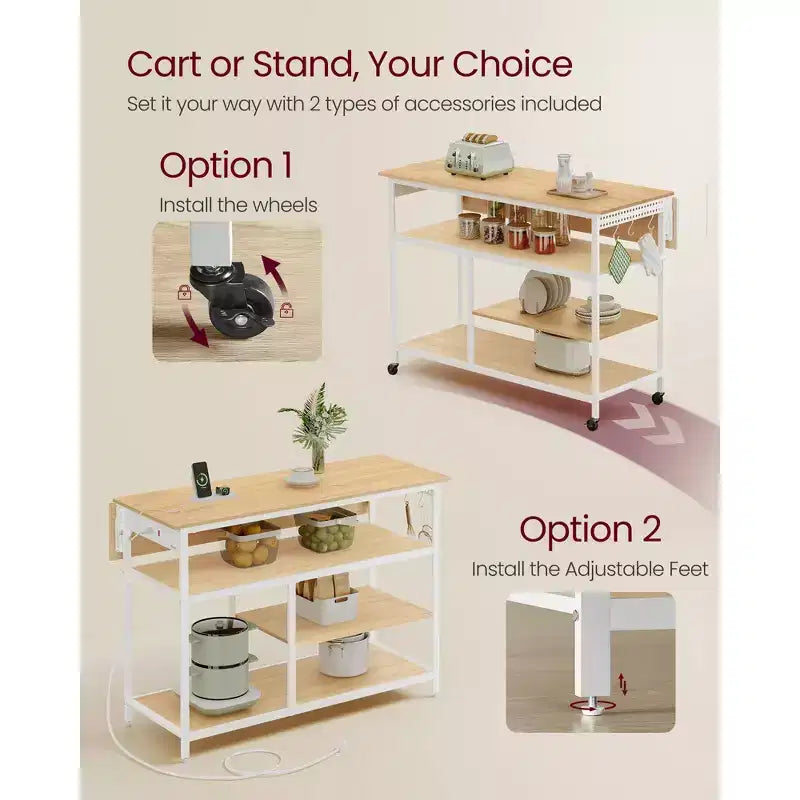 VASAGLE Îlot de cuisine avec abattant, Établi de cuisine avec plan de travail extensible, Chariot de cuisine, Étagère réglable