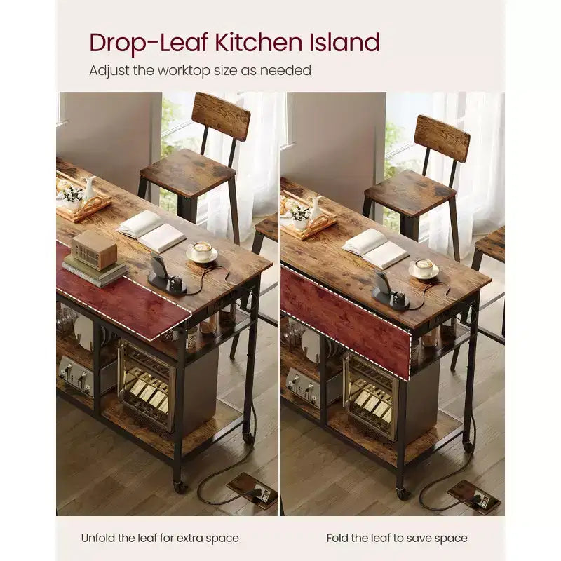 VASAGLE Îlot de cuisine avec abattant, Établi de cuisine avec plan de travail extensible, Chariot de cuisine, Étagère réglable