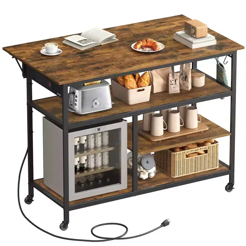 VASAGLE Îlot de cuisine avec abattant, Établi de cuisine avec plan de travail extensible, Chariot de cuisine, Étagère réglable