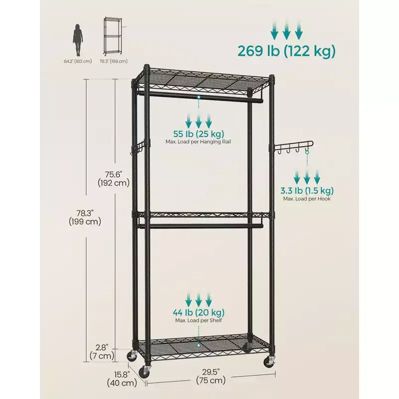 SONGMICS Portant à Vêtements, Penderie Mobile Robuste, Portant Portable, Penderie sur Roues de 75 cm de Large, Noir Encre