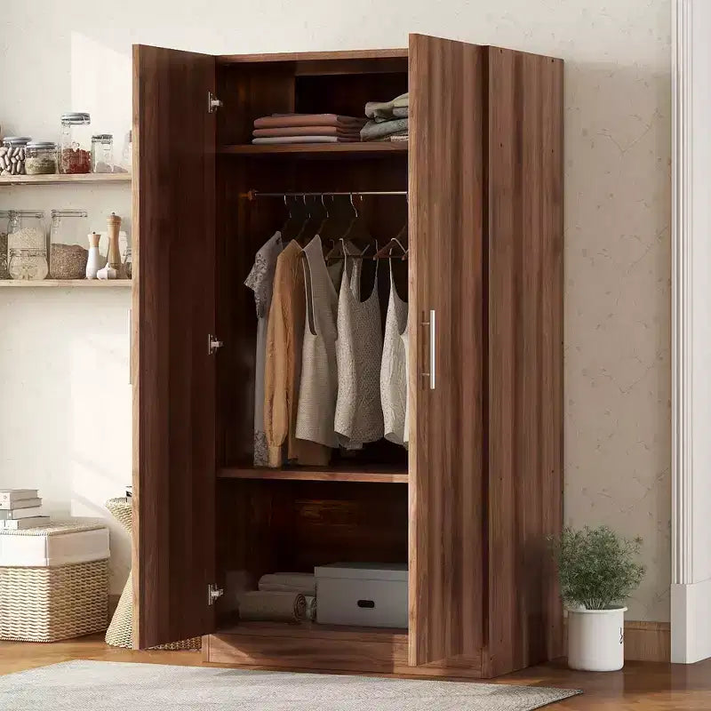 Armoire penderie 2 portes en bois avec 3 étagères de rangement, marron - ModernLuxe