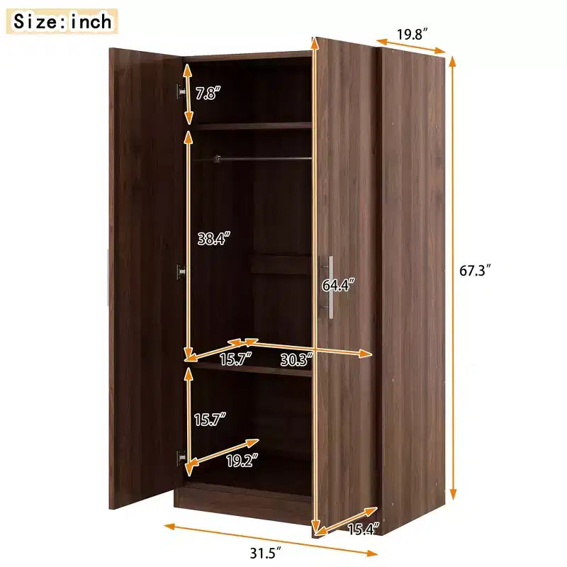 Armoire penderie 2 portes en bois avec 3 étagères de rangement, marron - ModernLuxe
