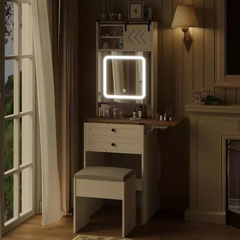 ELECWISH Coiffeuse avec Miroir et Lumières, Petite Coiffeuse de Ferme avec Panneau Rabattable, 3 Modes d'Éclairage, Chaise de Rangement, Table de Maquillage Compacte, Blanche