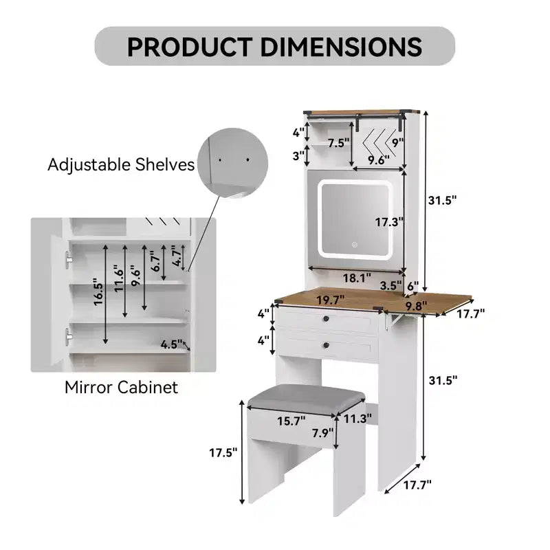 ELECWISH Coiffeuse avec Miroir et Lumières, Petite Coiffeuse de Ferme avec Panneau Rabattable, 3 Modes d'Éclairage, Chaise de Rangement, Table de Maquillage Compacte, Blanche
