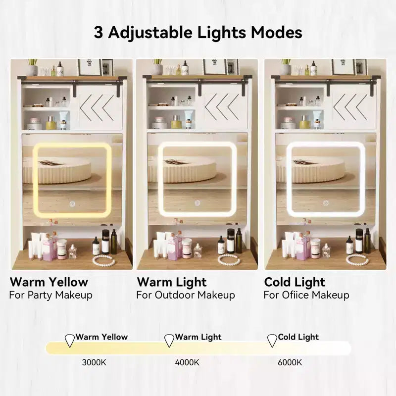 ELECWISH Coiffeuse avec Miroir et Lumières, Petite Coiffeuse de Ferme avec Panneau Rabattable, 3 Modes d'Éclairage, Chaise de Rangement, Table de Maquillage Compacte, Blanche