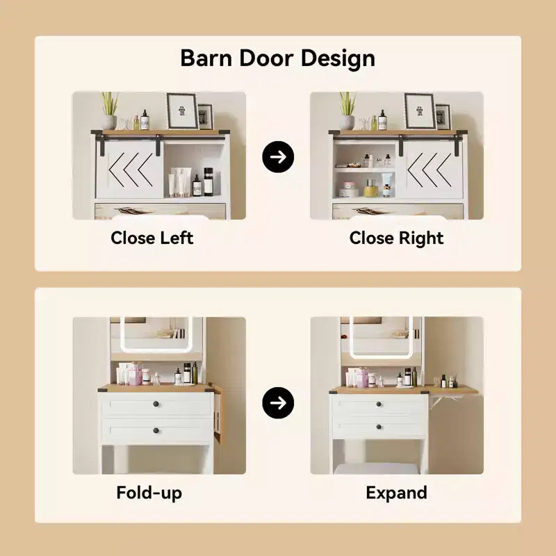 ELECWISH Coiffeuse avec Miroir et Lumières, Petite Coiffeuse de Ferme avec Panneau Rabattable, 3 Modes d'Éclairage, Chaise de Rangement, Table de Maquillage Compacte, Blanche