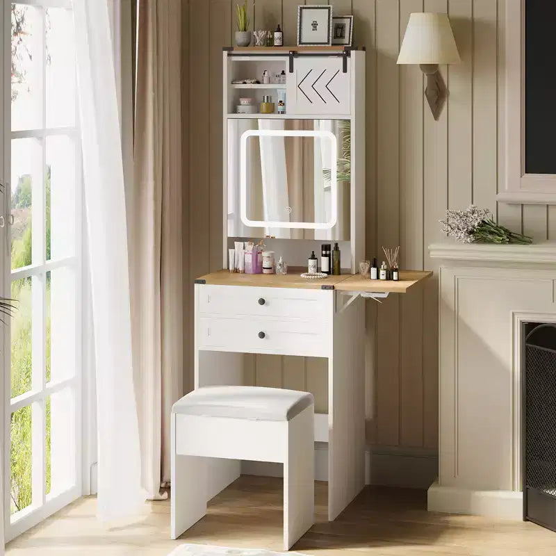 ELECWISH Coiffeuse avec Miroir et Lumières, Petite Coiffeuse de Ferme avec Panneau Rabattable, 3 Modes d'Éclairage, Chaise de Rangement, Table de Maquillage Compacte, Blanche