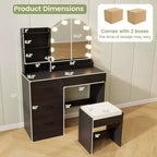 Coiffeuse Costway avec miroir et lumières, table de maquillage et chaise, 4 tiroirs, 3 étagères ouvertes, Noir/Blanc