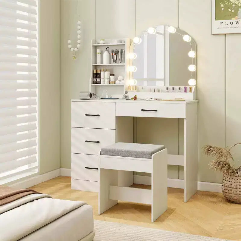 Coiffeuse Costway avec miroir et lumières, table de maquillage et chaise, 4 tiroirs, 3 étagères ouvertes, Noir/Blanc