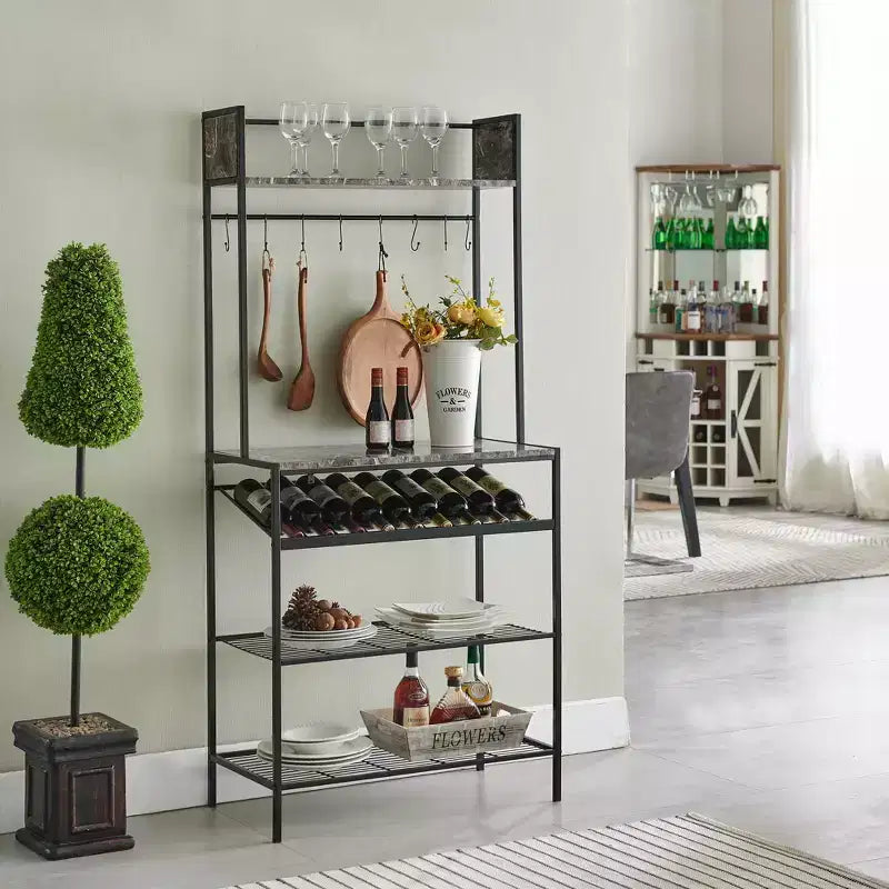 Kings Brand Furniture Lindsay Black Marble Bakers Rack with 9 Wine Bottle Capacity Rack & 8 Hooks - Kitchen Storage Organizer, Black