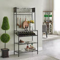 Kings Brand Furniture Lindsay Black Marble Bakers Rack with 9 Wine Bottle Capacity Rack & 8 Hooks - Kitchen Storage Organizer, Black