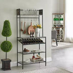 Kings Brand Furniture Lindsay Black Marble Bakers Rack with 9 Wine Bottle Capacity Rack & 8 Hooks - Kitchen Storage Organizer, Black