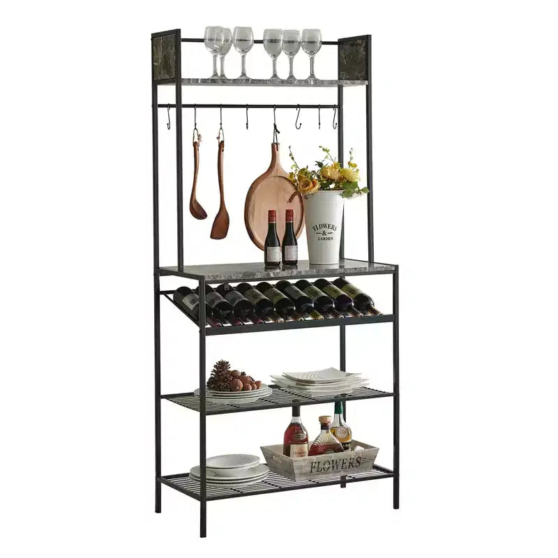 Kings Brand Furniture Lindsay Étagère de boulanger en marbre noir avec capacité de 9 bouteilles de vin et 8 crochets – Organisateur de rangement de cuisine, noir