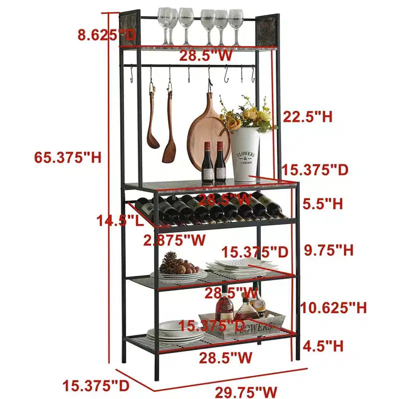 Kings Brand Furniture Lindsay Étagère de boulanger en marbre noir avec capacité de 9 bouteilles de vin et 8 crochets – Organisateur de rangement de cuisine, noir