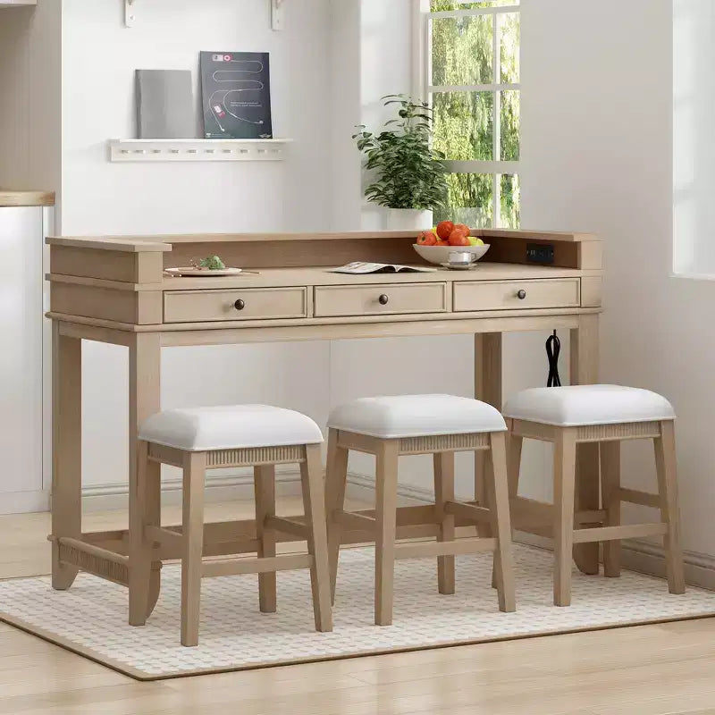 Ensemble table de bar Whisen 4 pièces avec 3 tabourets rembourrés et 3 tiroirs