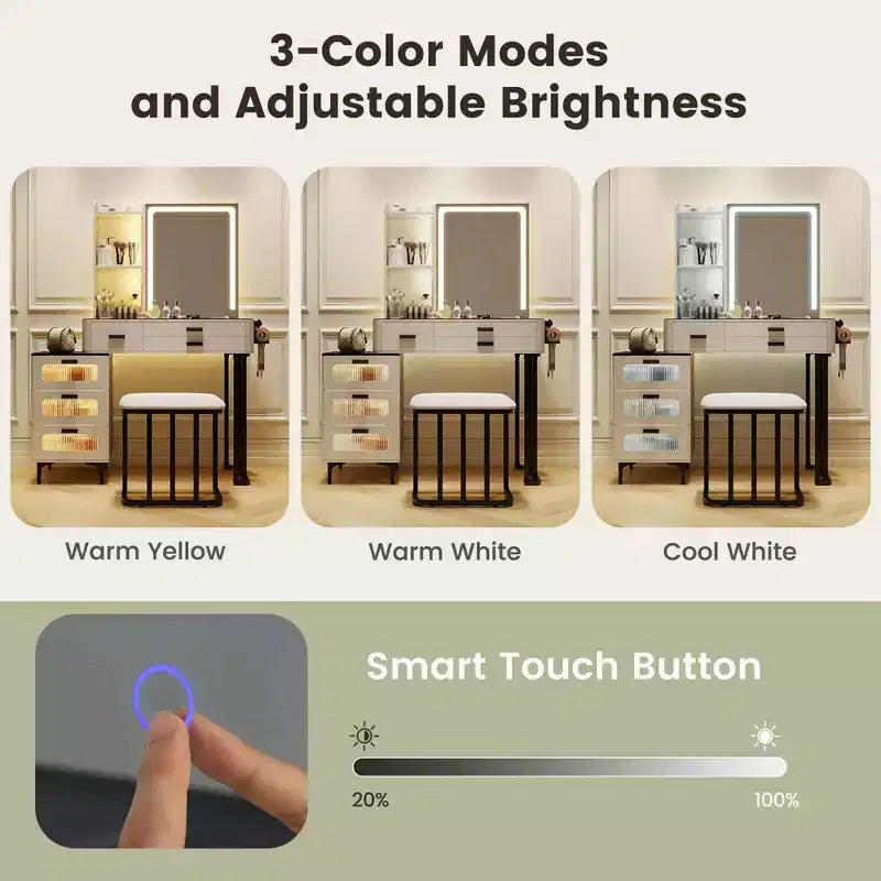 Coiffeuse moderne Costway avec miroir et lumières, éclairage LED 3 couleurs et station de charge