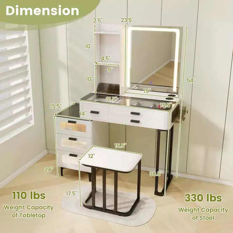 Coiffeuse moderne Costway avec miroir et lumières, éclairage LED 3 couleurs et station de charge
