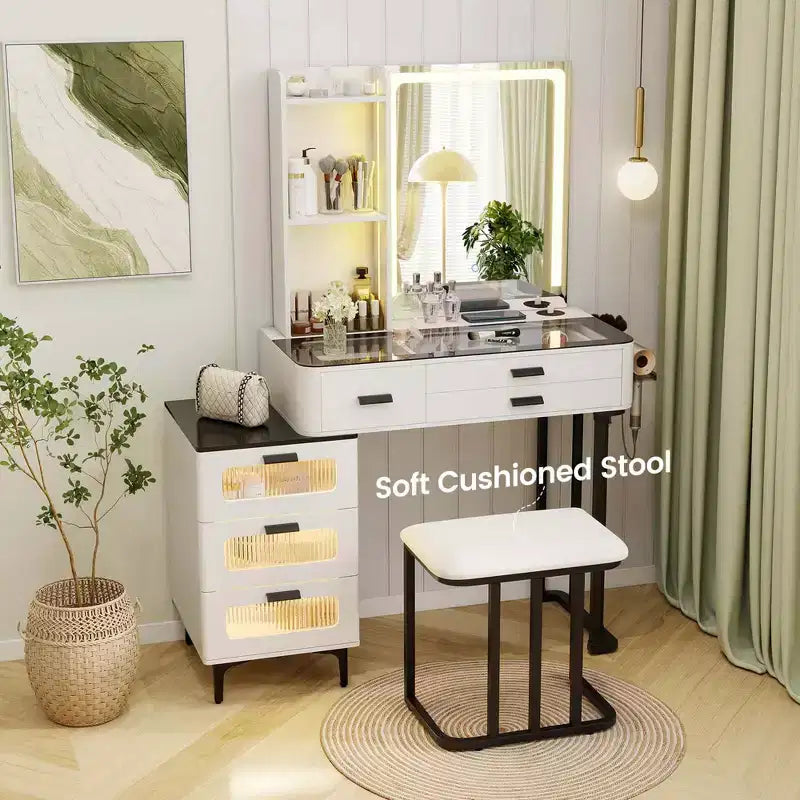 Coiffeuse moderne Costway avec miroir et lumières, éclairage LED 3 couleurs et station de charge