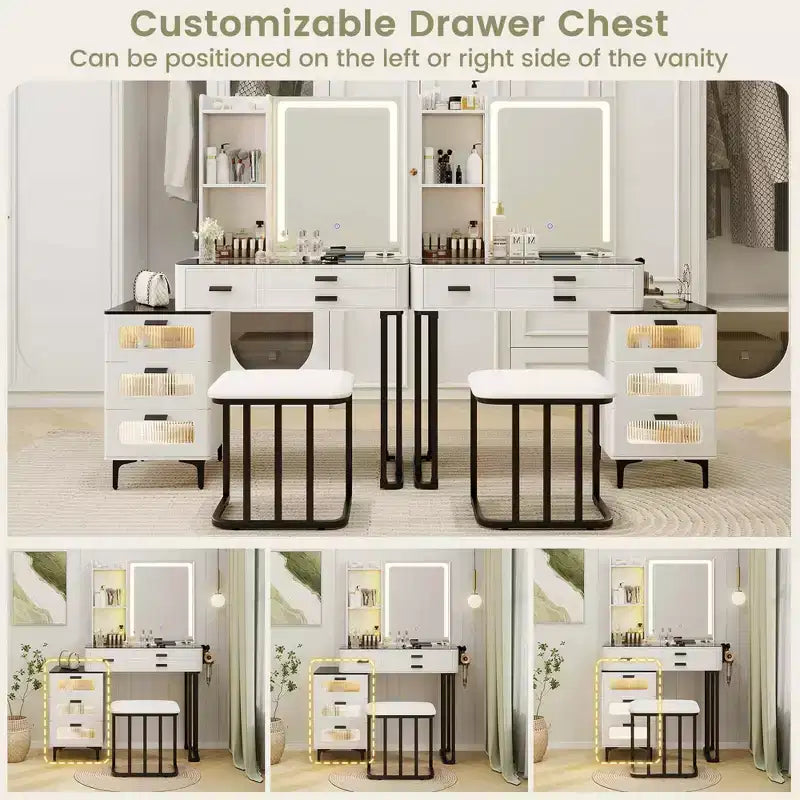 Coiffeuse moderne Costway avec miroir et lumières, éclairage LED 3 couleurs et station de charge