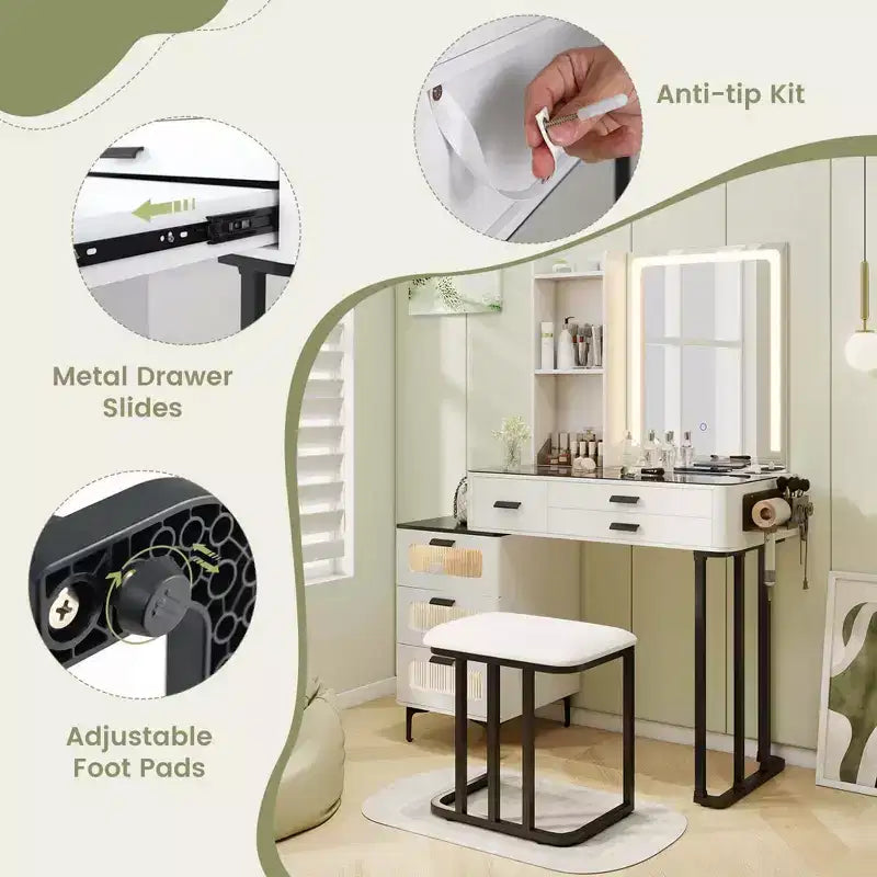 Coiffeuse moderne Costway avec miroir et lumières, éclairage LED 3 couleurs et station de charge